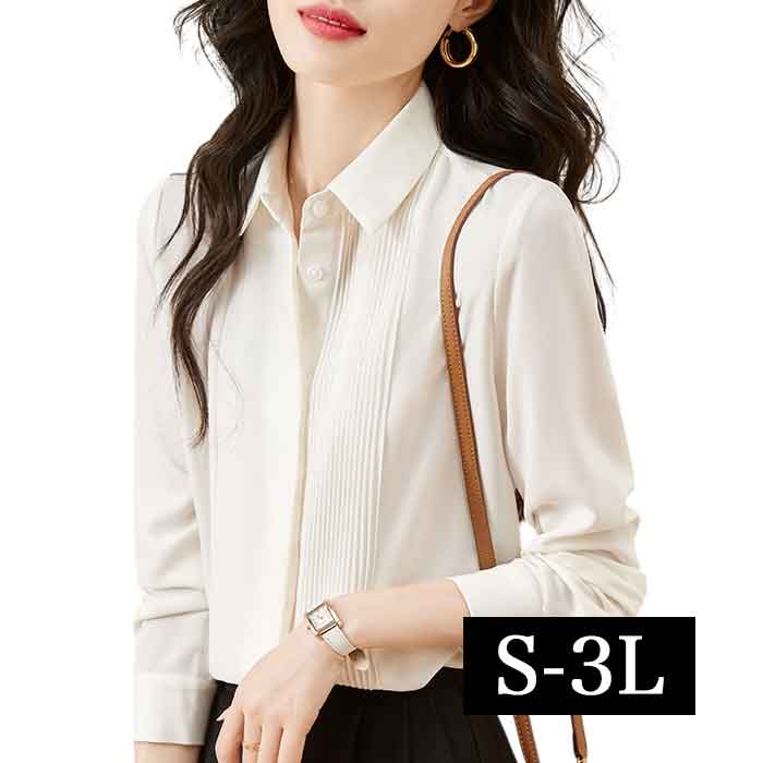 S-3L ブラウス ワイシャツ 大きいサイズ レディース きれいめ 事務服 ブラウス 白シャツ 長袖 ピンタック 無地 レギュラー シャツ 開襟 制服 白 ホワイト おしゃれ かっこいい 安いプチプラ 通勤 仕事 セレモニー オフィス 春夏 秋冬