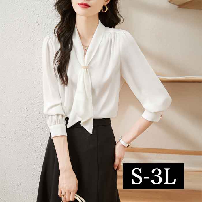 S-3L スカーフカラー ブラウス 大きいサイズ レディース きれいめ 事務服 ブラウス 白シャツ 長袖 無地 制服 白 ホワイト おしゃれ 安いプチプラ 通勤 オフィス 仕事 セレモニー 春夏 秋冬