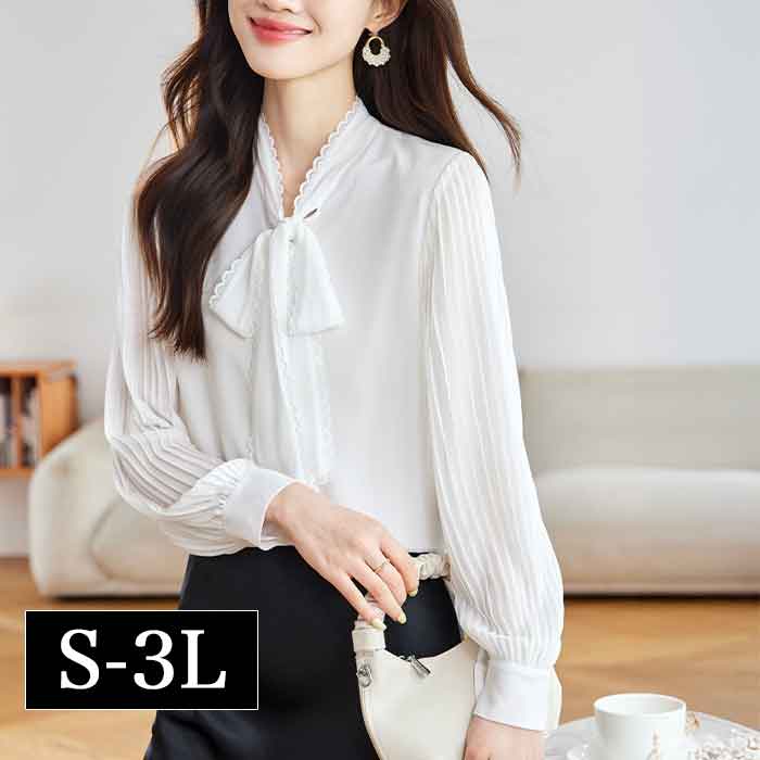 S-3L ボウタイ ブラウス ポワン袖 レース プリーツ 大きいサイズ レディース きれいめ 事務服 ブラウス 白シャツ 長袖 無地 制服 おしゃれ 安いプチプラ 通勤 オフィス 仕事 セレモニー 春夏 秋冬