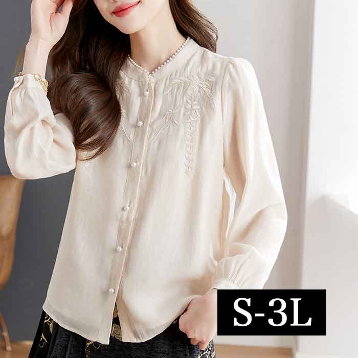 S-3L ノーカラー ブラウス 大きいサイズ レディース 刺繍 パール ビジュー きれいめ 事務服 ブラウス 白シャツ 長袖 無地 制服 ベージュ おしゃれ 安いプチプラ 通勤 オフィス 仕事 セレモニー 春夏 秋冬