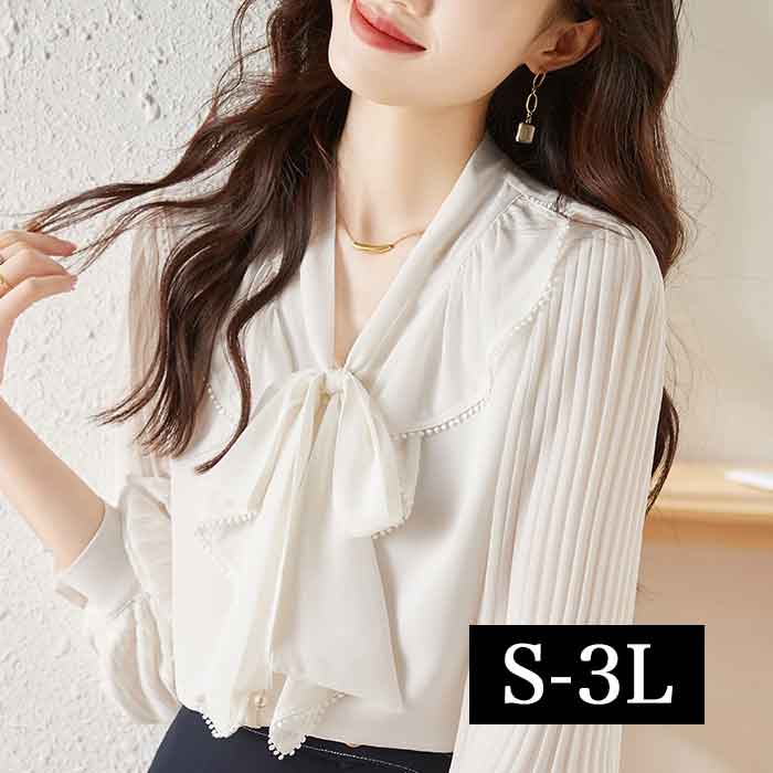 S-3L ボウタイ ブラウス 袖ぽわん プリーツ リボン フリル 大きいサイズ レディース きれいめ 事務服 ブラウス 白シャツ 長袖 無地 制服 ホワイト おしゃれ 安いプチプラ 通勤 オフィス 仕事 セレモニー 春夏 秋冬