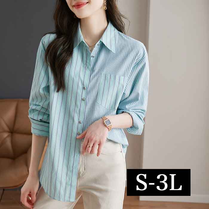 Rakuten - S-3L ストライプ クレイジーパターン ワイシャツ 大きいサイズ レディース きれいめ カジュアル 長袖 制服 おしゃれ かっこいい 安いプチプラ 通勤 仕事 オフィス 春夏 秋冬