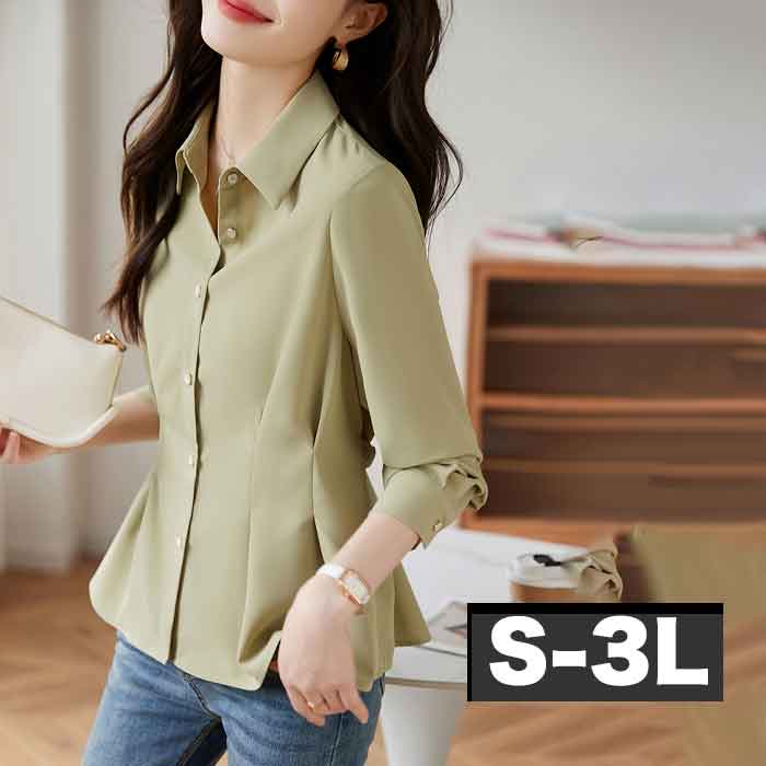 Rakuten - S-3L チュニック シャツ ブラウス ペプラム 大きいサイズ レディース きれいめ カジュアル 長袖 制服 おしゃれ かっこいい 安いプチプラ 通勤 仕事 オフィス 春夏 秋冬