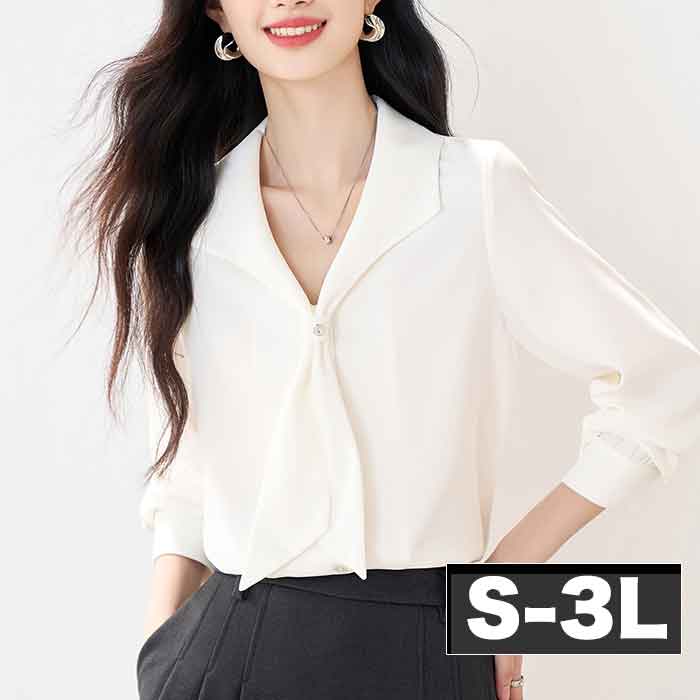Long-Sleeved - S-3L スカーフ風 ボウタイ ブラウス 大きいサイズ レディース きれいめ 事務服 ブラウス 白シャツ 長袖 無地 制服 ホワイト おしゃれ 安いプチプラ 通勤 オフィス 仕事 セレモニー 春夏 秋冬