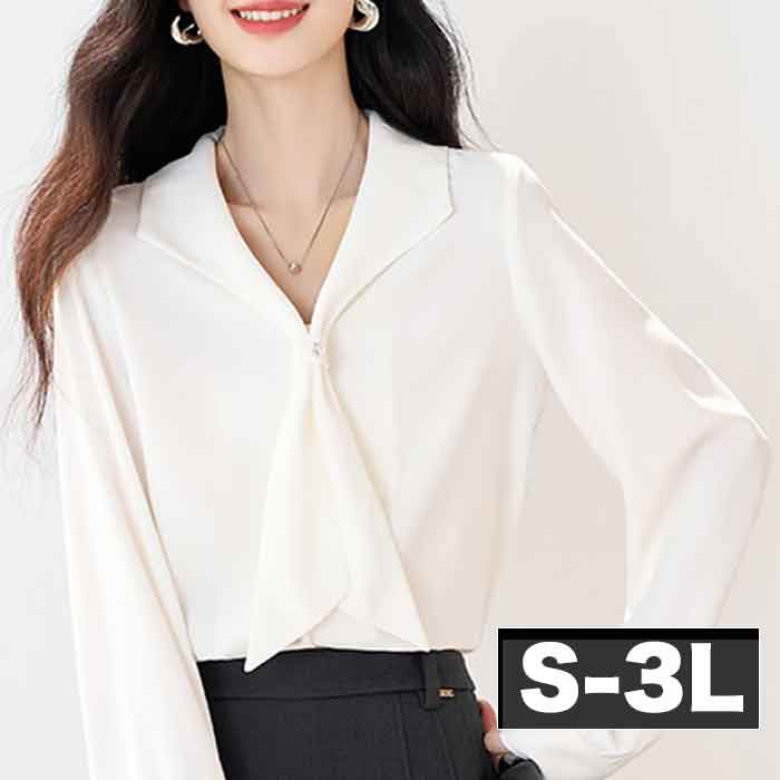 Blouses - S-3L スカーフ風 ボウタイ ブラウス 大きいサイズ レディース きれいめ 事務服 ブラウス 白シャツ 長袖 無地 制服 ホワイト おしゃれ 安いプチプラ 通勤 オフィス 仕事 セレモニー 春夏 秋冬