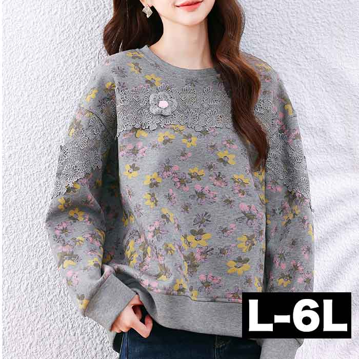 Rakuten - L-6L 花柄 アップリケ 長袖 ロング トップス カットソー チュニック 大きいサイズ レディース 可愛い 秋冬 春夏 秋 春
