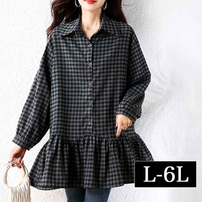 Tunics - 大きいサイズ レディース ミニワンピ チュニック ワンピース チ ェック柄 トップス ロングシャツ チュニック シャツ 長袖 七分袖 ロング丈 大きめ ゆったり 大人可愛い 黒