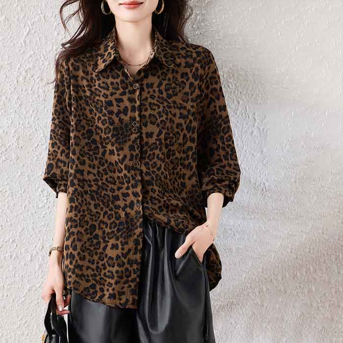 大きいサイズ レディース ロングシャツ レオパード オーバーブラウス シャツチュニ...