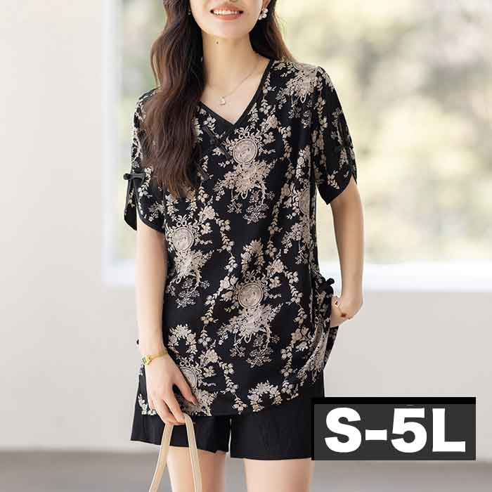 Short Sleeves - 大きいサイズ レディース ロングトップス 花柄 柄物 プリント 総柄 チャイナ服 オリエンタル ロング ブラウス チュニック 半袖 ロング丈 ロング 長め 大きめ ゆったり 大人可愛い 通勤 仕事 オフィス