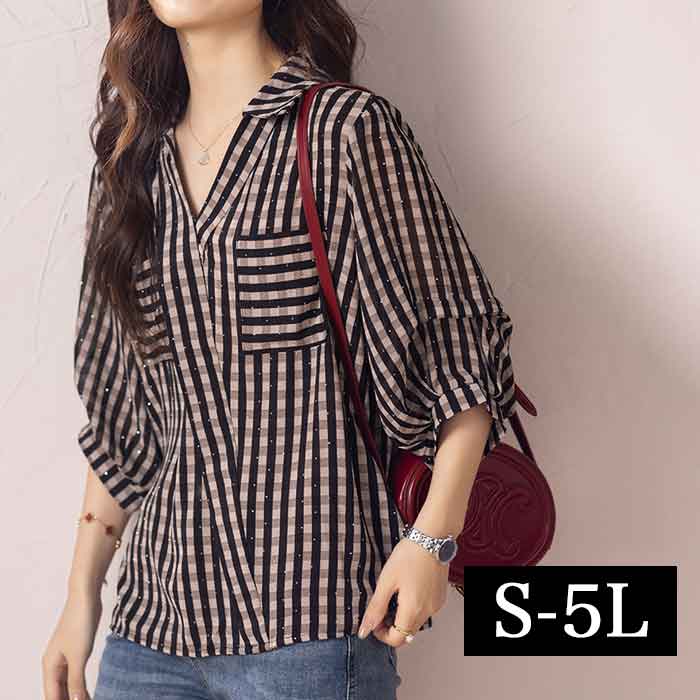 Rakuten - オーバーブラウス トップス ストライプ チェック カシュクール チュニック ブラウス 大きいサイズ レディース トップス 5分袖 半袖 大きめ ゆったり 大人可愛い キラキラ