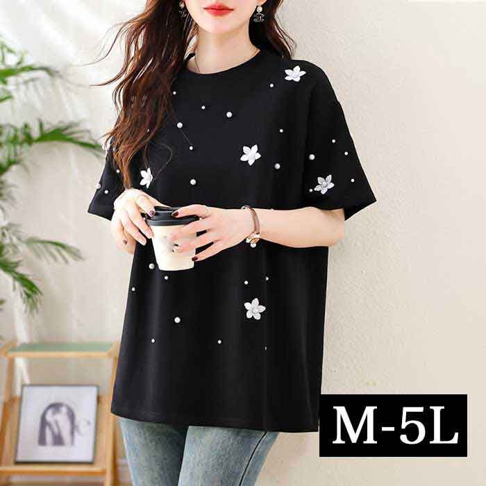 Short Sleeves - チュニック 花モチーフ 大きいサイズ レディース 花 花柄 白い花 ロングトップス 長袖 ロング丈 大きめ ゆったり 大人可愛い 春夏