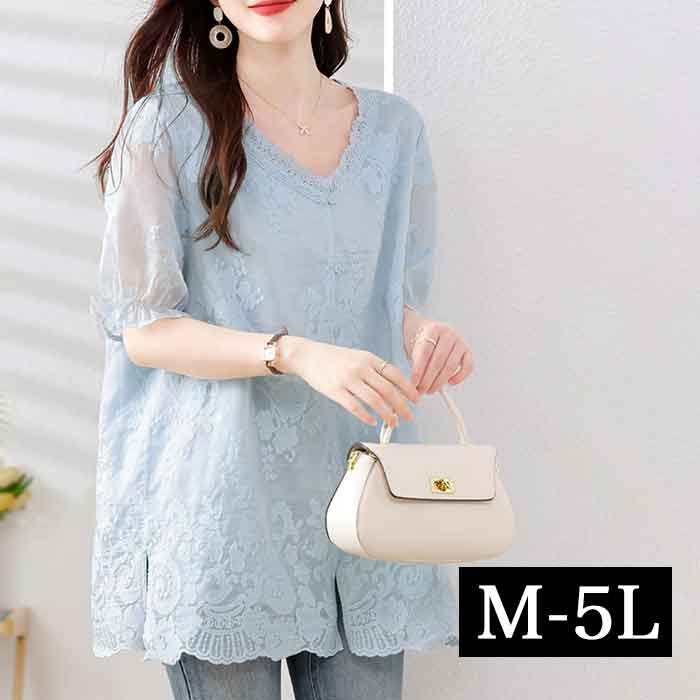 Short Sleeves - ブラウス チュニック オーバーブラウス レース トップス シャツ トップス 透け感 大きいサイズ レディース 5分袖 半袖 大人可愛い 長め丈