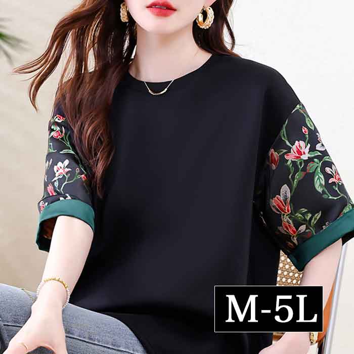 Short Sleeves - 袖 花柄 大きいサイズ レディース 花 チュニック ロングトップス ロング丈 大きめ ゆったり 個性的 チャイナ 大人可愛い 春夏
