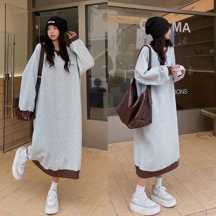 大きいサイズレディース ワンピース 無地 裏起毛 ロングワンピース カジュアルワンピース Aライン 大人 大人可愛い 長袖 きれいめ 服 可愛い 秋冬 春夏 春物 春ワンピース 秋ワンピース グレー 裏起毛