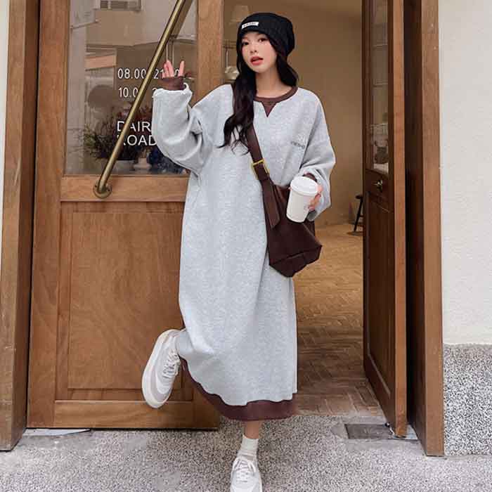 大きいサイズレディース ワンピース 無地 裏起毛 ロングワンピース カジュアルワンピース Aライン 大人 大人可愛い 長袖 きれいめ 服 可愛い 秋冬 春夏 春物 春ワンピース 秋ワンピース グレー 裏起毛