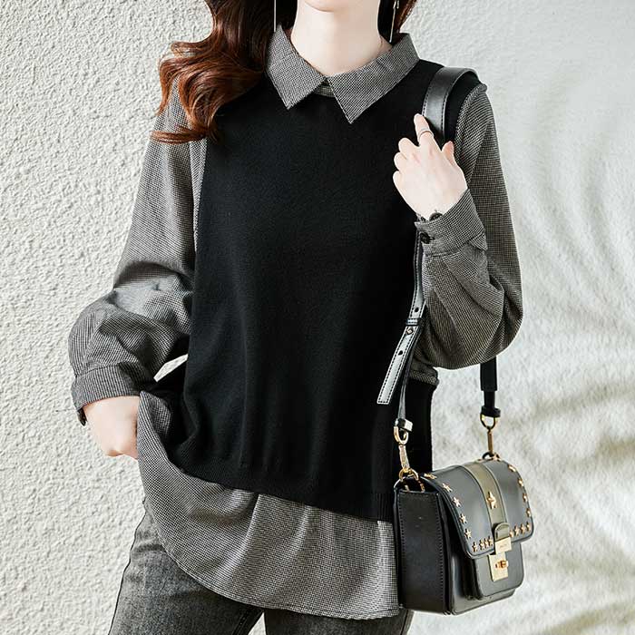 大きいサイズ レディース ベスト ジレ 重ね着風 ドッキング 襟付き トップス ロングシャツ チュニック シャツ 長袖 七分袖 ロング丈 大きめ ゆったり 大人可愛い チェック 黒 NK cpa 2