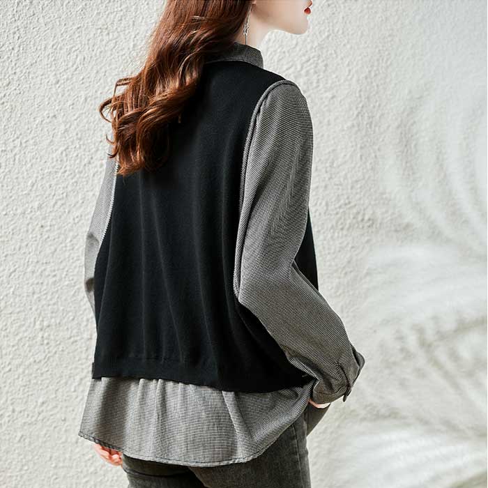 大きいサイズ レディース ベスト ジレ 重ね着風 ドッキング 襟付き トップス ロングシャツ チュニック シャツ 長袖 七分袖 ロング丈 大きめ ゆったり 大人可愛い チェック 黒 NK cpa 3