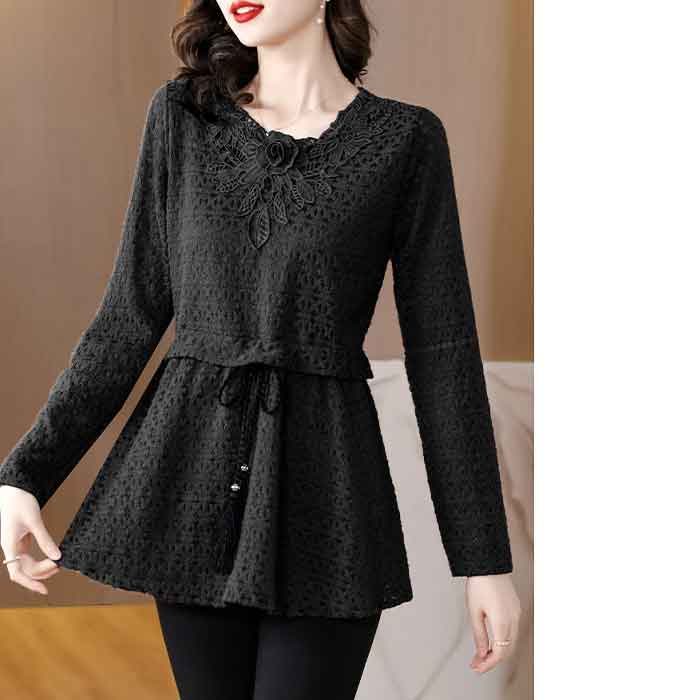 お花モチーフ レース トップス ペプラム トップス 大きいサイズ チュニック 裾フレア 長袖 トップス 大きいサイズ レディース 可愛い ペプラム ロング ロング丈 秋冬