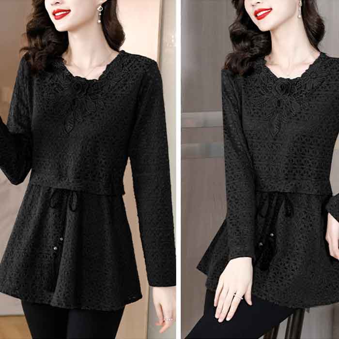 お花モチーフ レース トップス ペプラム トップス 大きいサイズ チュニック 裾フレア 長袖 トップス 大きいサイズ レディース 可愛い ペプラム ロング ロング丈 秋冬