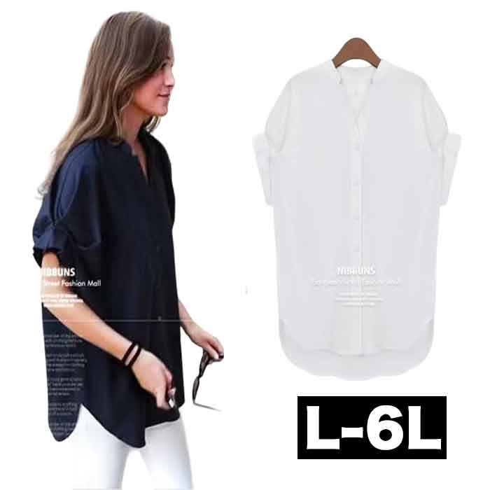＼クーポンで10％オフ／ ロングシャツ 半袖 大きいサイズ レディース ロングトップス ノーカラー 