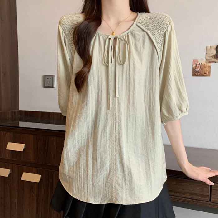 ＼全品送料無料／11/11まで★ ブラウス チュニック オーバーブラウス 無地 リボン 大きいサイズ レディース トップス ロングシャツ チュニック シャツ 半袖 パフスリーブ 大人可愛い ベージュ ブラック cpp-