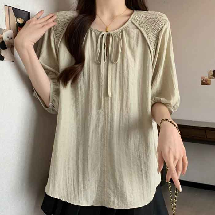 ＼全品送料無料／11/11まで★ ブラウス チュニック オーバーブラウス 無地 リボン 大きいサイズ レディース トップス ロングシャツ チュニック シャツ 半袖 パフスリーブ 大人可愛い ベージュ ブラック cpp-