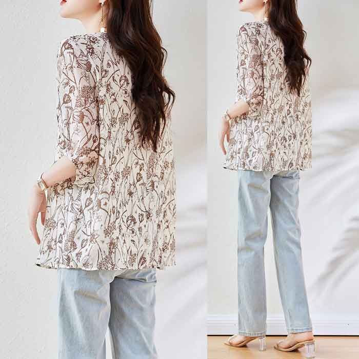 ブラウス チュニック オーバーブラウス 花柄 ヘンリーネック 大きいサイズ レディース トップス ロングシャツ チュニック シャツ 半袖 5分袖 七分袖 大人可愛い cpp-