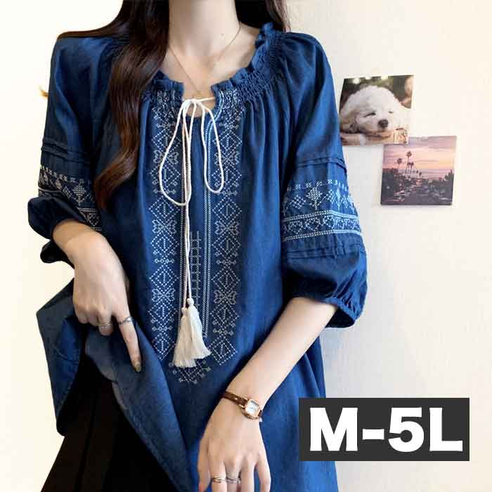 パフススリーブ エスニック柄 トップス 大きいサイズ レディース 刺繍 エンブロイダリー 柄物 デニムシャツ ブラウス シャツ シャツチュニック プルオーバー サマー 夏 夏物 夏服 夏用 涼しい 半袖 カットソー 春夏 エスニック アジアン ボヘミアン民族