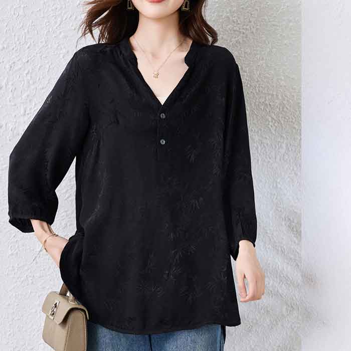 笹柄 ジャガード 七分袖 キーネック ロング ブラウス チュニック オーバーブラウス...