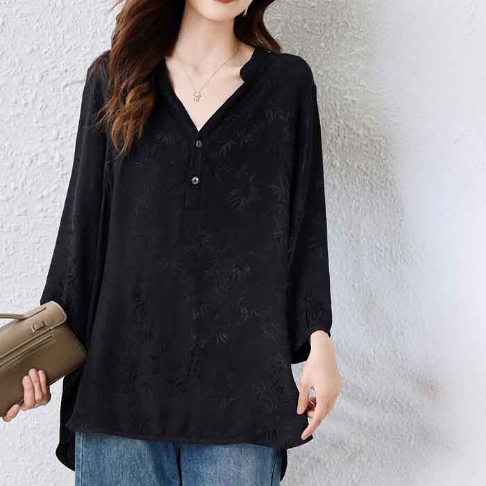 笹柄 ジャガード 七分袖 キーネック ロング ブラウス チュニック オーバーブラウス...