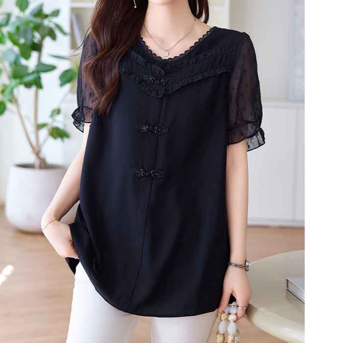 ロング ブラウス チュニック オーバーブラウス 透け感 シアー Vネック シフォン 無地 大きいサイズ レディース トップス ロングシャツ チュニック シャツ 半袖 ロング丈 大きめ ゆったり 大人可愛い ブラック cpp-