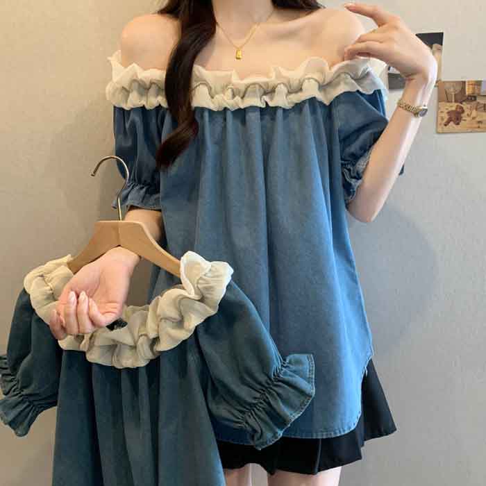 パフススリーブ オフショルダー トップス 大きいサイズ レディース デニム風 シャツ ブラウス シャツ シャツチュニック プルオーバー サマー 夏 夏物 夏服 夏用 涼しい 半袖 カットソー 春夏