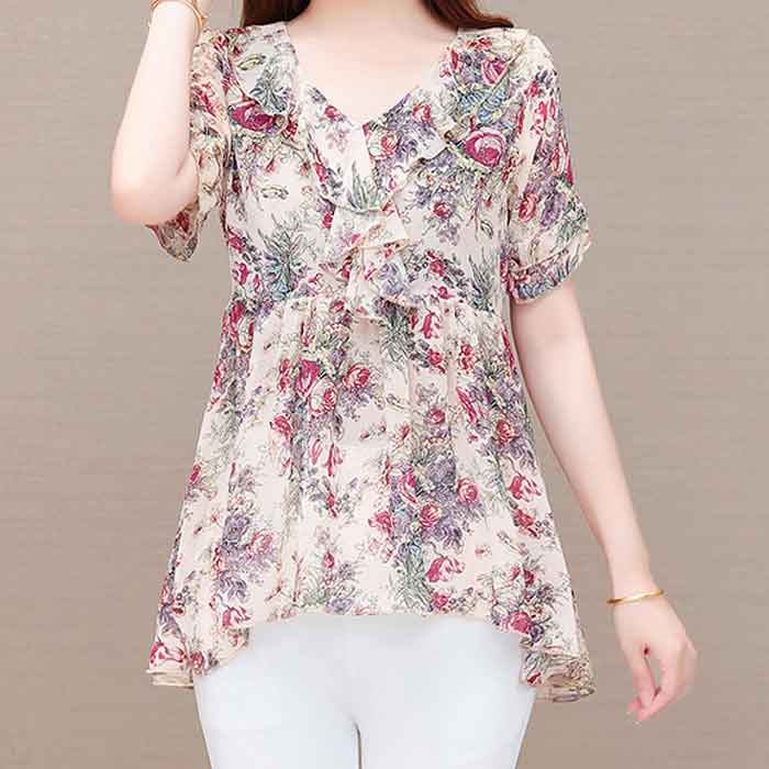 大きいサイズ レディース チュニック 小花柄 花柄 フリル オーバーブラウス プルオーバー ロング ブラウス トップス プルオーバー半袖 ロング丈 ロング 長め 透け感 大きめ ゆったり 大人可愛い お尻が隠れる 全柄