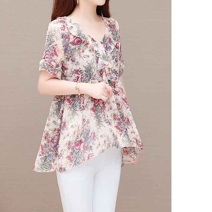 大きいサイズ レディース チュニック 小花柄 花柄 フリル オーバーブラウス プルオーバー ロング ブラウス トップス プルオーバー半袖 ロング丈 ロング 長め 透け感 大きめ ゆったり 大人可愛い お尻が隠れる 全柄