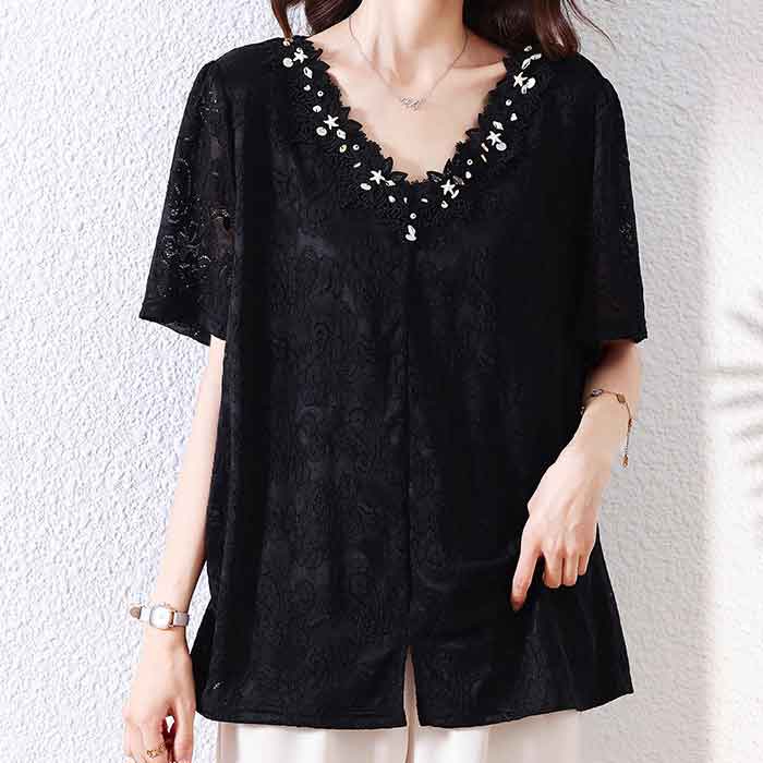 ＼全品送料無料／11/11まで★ 大きいサイズ レディース ビーズ スタッズ ビジュー トップス Vネック カットソー サマー 夏 夏物 夏服 夏用 涼しい 半袖 半そで ロング丈 ロング 長め 大人可愛い