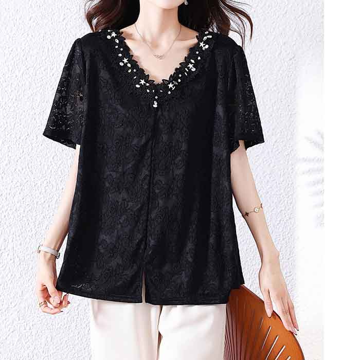 ＼全品送料無料／11/11まで★ 大きいサイズ レディース ビーズ スタッズ ビジュー トップス Vネック カットソー サマー 夏 夏物 夏服 夏用 涼しい 半袖 半そで ロング丈 ロング 長め 大人可愛い