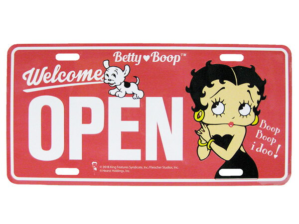 アメリカ ブリキ看板 ベティ オープン OPEN PK（Betty Boop CMP-006）ライセンスプレート ブラック サインプレート ブリキ アメリカ雑貨 ベティちゃん 西海岸風 インテリア アメリカン雑貨