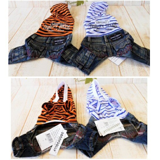 カジュアルボトムスロンパース XS～XXLサイズ オールインワン つなぎ フ—ディー タンクトップ スリーブレス ノースリーブデニム 色違い お揃いコーデ ボーダー フード リンク 極小犬 パピー 超小型犬 小型犬 犬 猫 ペット 服 犬服 猫服 犬の服 猫の服 洋服 ウェア