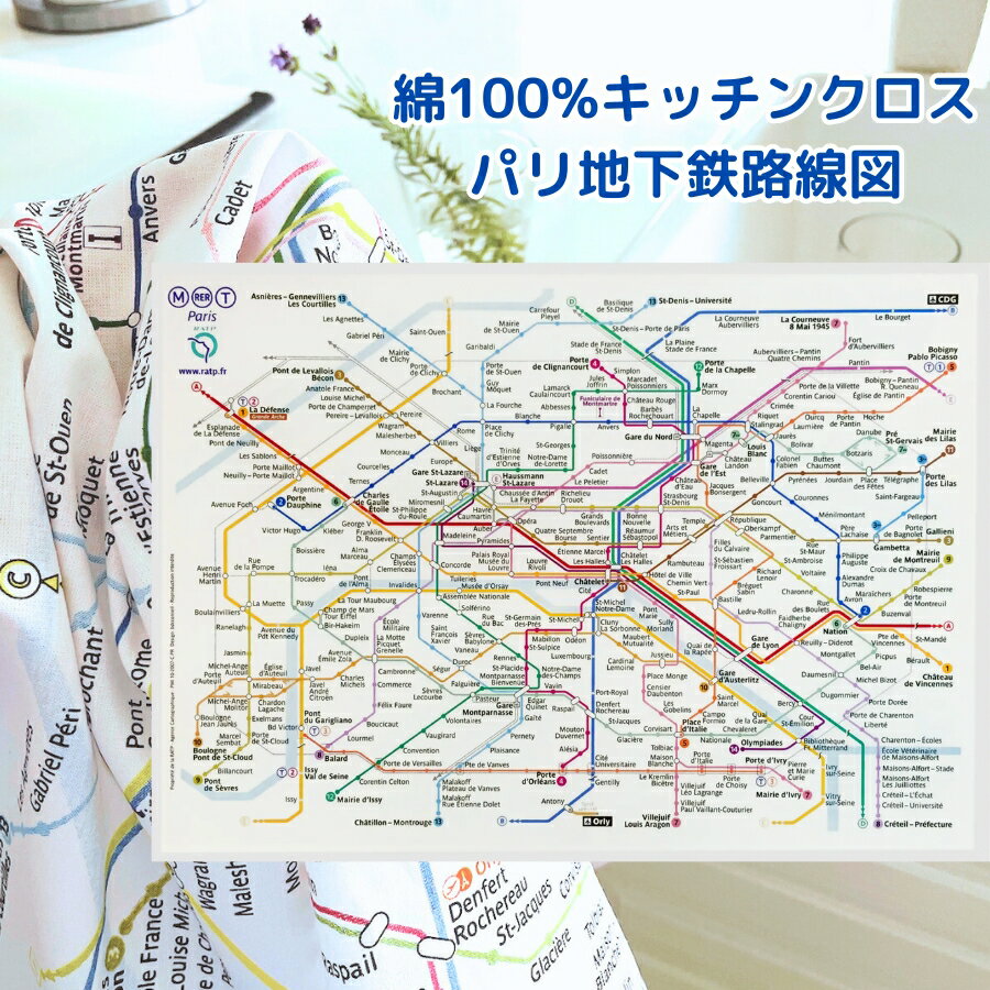 《輸入雑貨 欧州雑貨》 フランス雑貨 「RATP パリの地下鉄路線図」キッチンクロス ティータオル Winkler ウィンクラー フランス 綿100% コットン トルション　路線図 パリ 雑貨 お土産 メトロ 地図 ライセンス商品 ギフト おしゃれ 送料無料