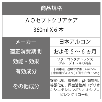 【キャッシュレス5％還元】【送料無料】 エーオーセプト クリアケア 360ml×6本 ( コンタクトレンズ コンタクト 洗浄液 ソフトコンタクトレンズ 日本アルコン AOセプト ao 中和 エーオーセプト )