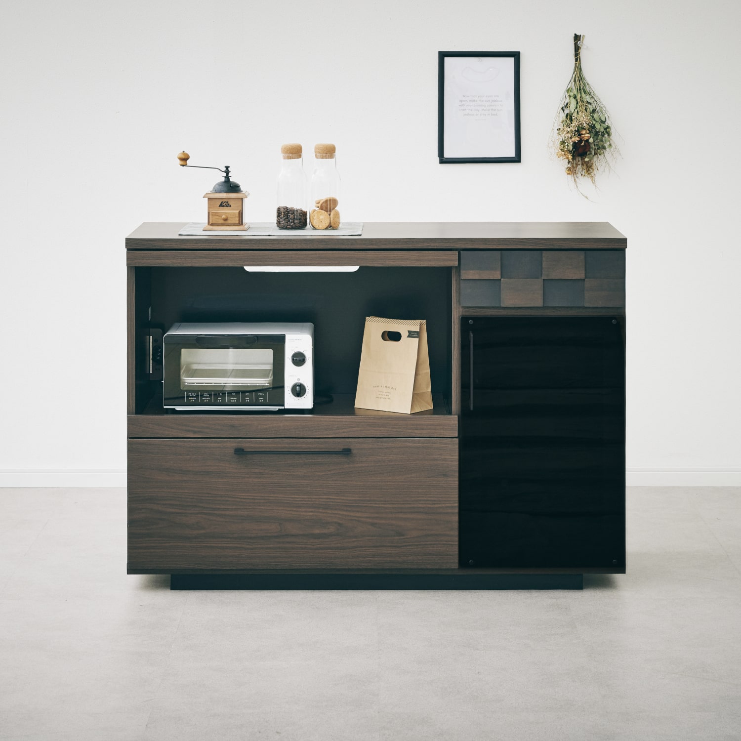 Rakuten - 【ポイント5倍!楽天マラソン 4/14 20:00-】 キッチンカウンター 120cm 完成品 食器棚 レンジ台付 キッチン収納 キッチンラック おしゃれ モダン ダークブラウン 0746