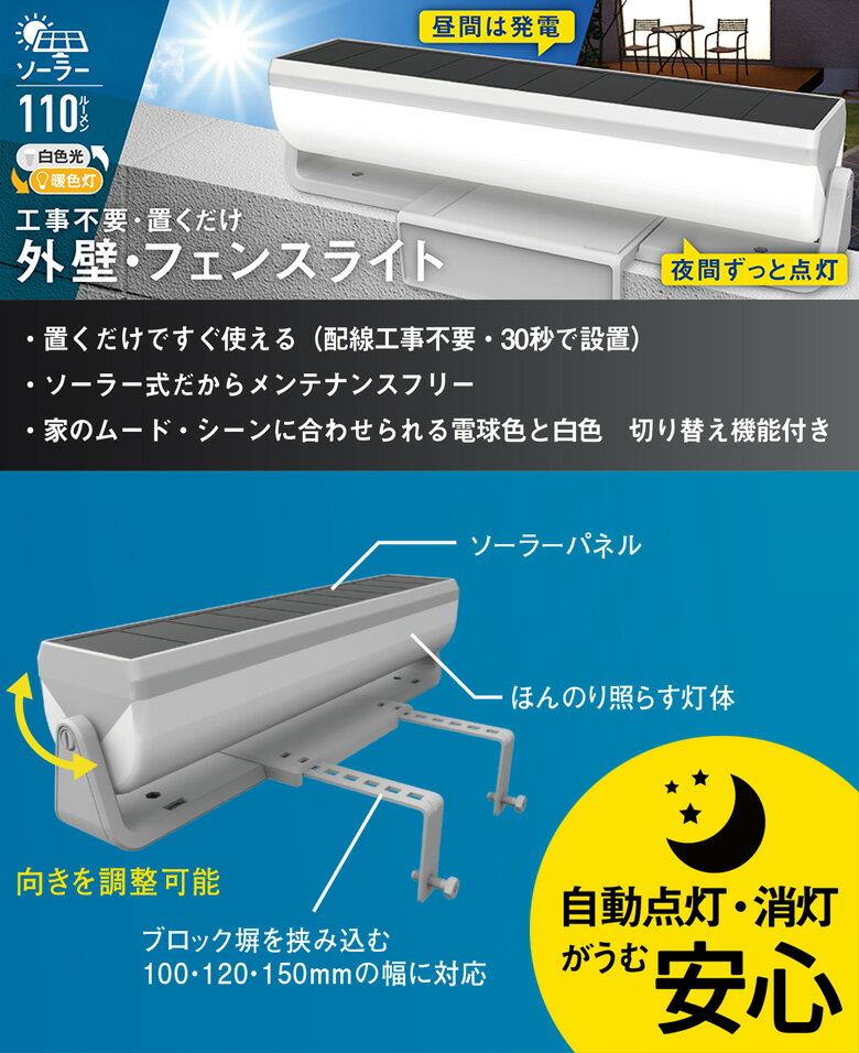 ランキング受賞！ 新商品 【57％引き】ムサシ RITEX 明かりセンサー付ソーラー外壁・フェンスライト（S-C1000L） ソーラーライト センサーライト 屋外 フェンス ガレージ 防犯ライト 防犯グッズ 太陽光 照明 電球色 LED