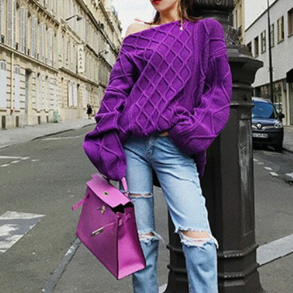 2018年秋冬の新作 レディース ダイヤ柄 クルーネック ニット クールでモード トレンドのおしゃれなオーバーサイズニット