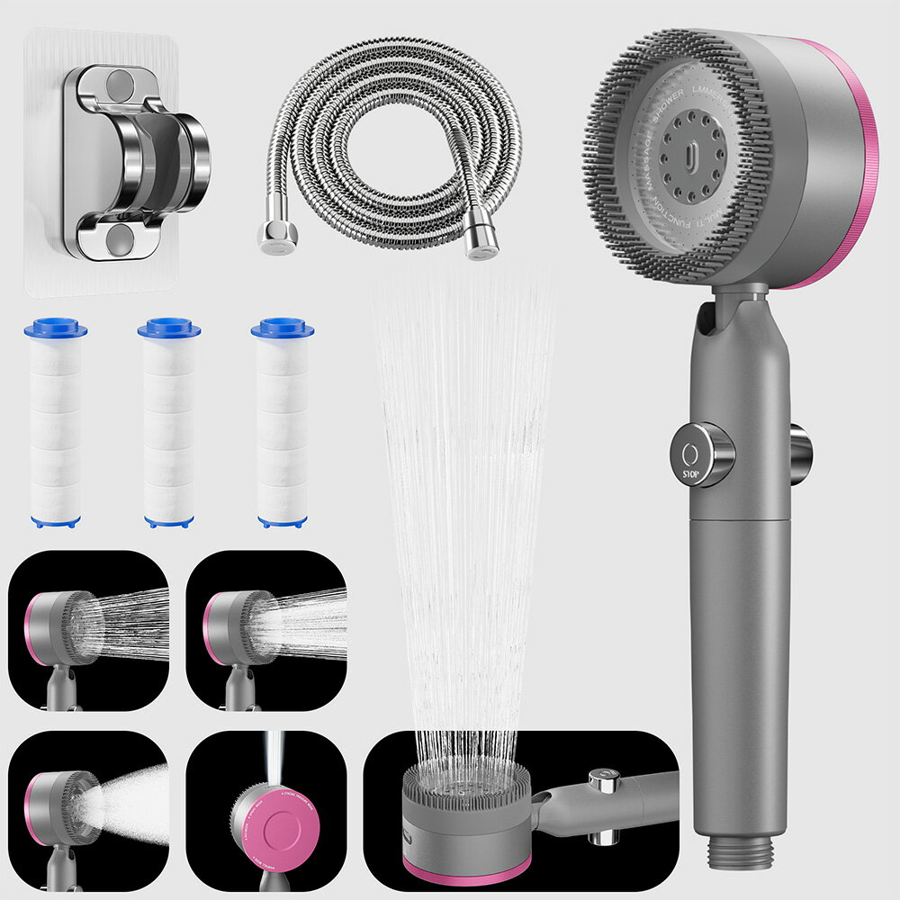 Mocay 【節水&増圧】マッサージシャワーヘッド マイクロナノバブル 塩素除去 高水圧 浄水機能 4段階モード(うらい/水ミスト/ミックス/高圧) 手元止水ボタン 取り付け簡単 国際規格G1/2 多機能アダプター対応(M/K/G/T) 1.5mホース、フィルター3個、スタンド-JH301