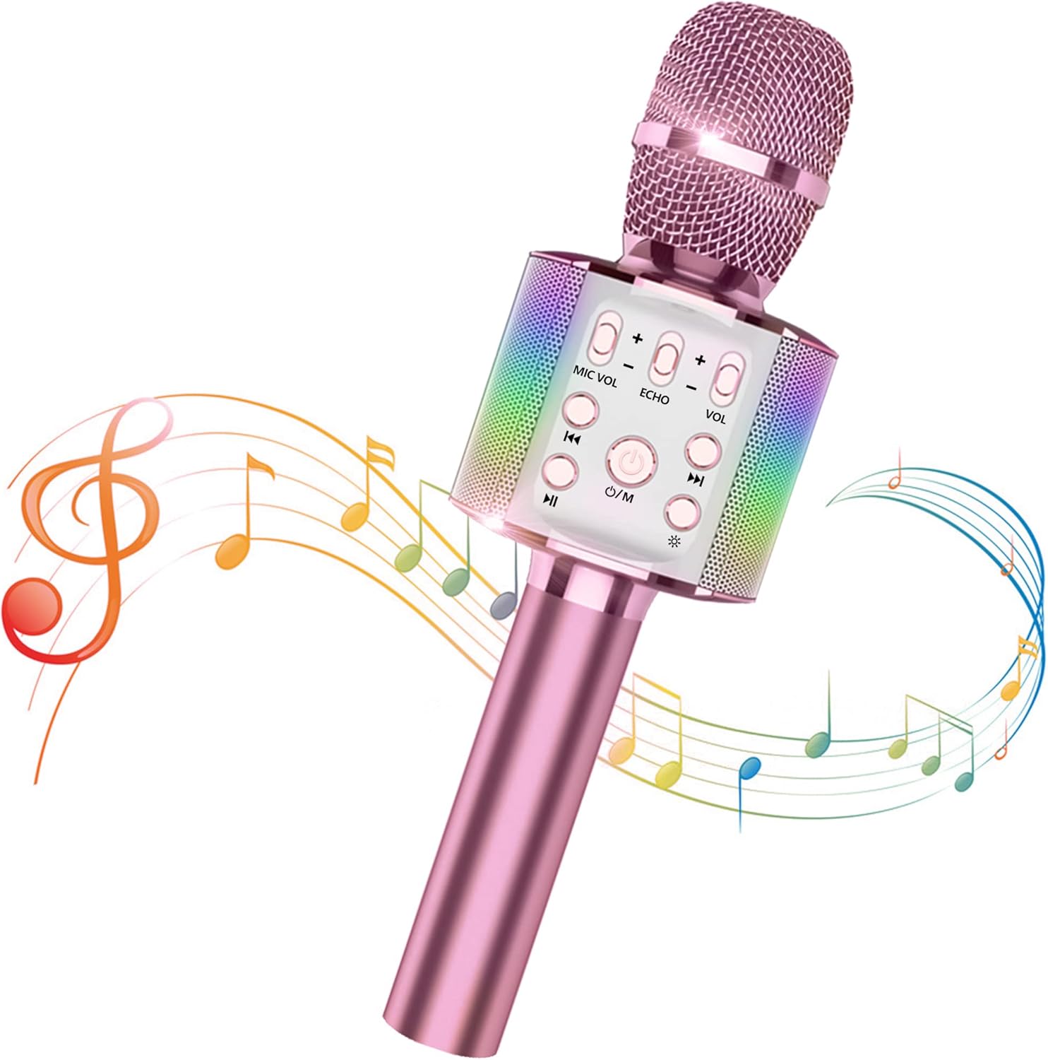 luetooth カラオケマイク マイク karaoke LEDライト付き 音楽再生 録音可能 カラオケ機器 家庭用 カラオケ/自宅/パーティー 3200mAh 日本語説明書（ピンク）