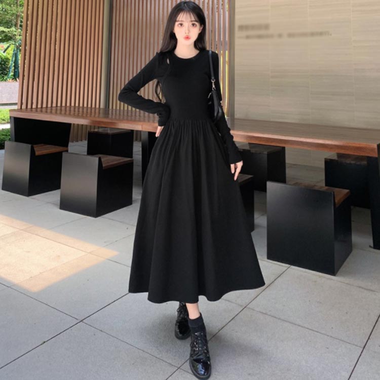 ニット レディース 春秋 ワンピース 秋 ロング丈 ワンピース ニット切り替え 冬 プリーツスカート 長袖 ロングワンピース レイヤード風 40代 ブラックワンピース 通勤 カジュアル 切り替えワンピース Aライン おしゃれ 上品 無地 20代 30代 体型カバー