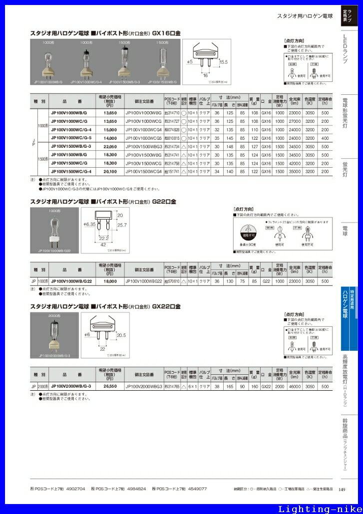 パナソニック JP100V1000WC/G スタジオ用ハロゲン電球　バイポスト形片口金形GX16...