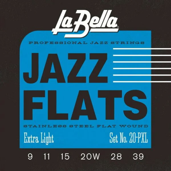 La Bella / 20PXL Jazz Flats - Extra Light 09-39 "La Bella Jazz Flats®"はニューヨークの職人により1本ずつ手巻きされ、磨きあげられています。 アンプで鳴らすことを前提に強磁性体で出力が増すよう最適化されており、明るい音色、長寿命、滑らかな感触が特徴の最高品質のジャズギター弦です。 ・品番: 20PXL ・Tension: Extra Light ・Stainless Steel Flat Wound ・エレクトリックギター弦 ・長さ: 31.5inch (ボールエンドからシルクまで) ・Made in the USA with American Wire ・MAP包装 (Modified Atmosphere Packaging) - ガス置換包装で錆を防ぎ鮮度を保持 [String Gauges] 1st E .009 2nd B .011 3rd G .015 4th D .020W 5th A .028 6th E .039