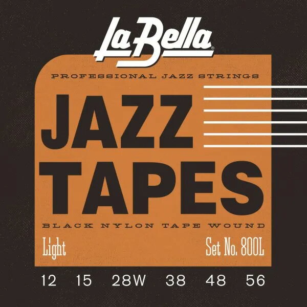 La Bella / 800L Jazz Tapes - Black Nylon Light 12-56 Black Nylon Tape for warm, jazzy tone "La Bella Jazz Tapes®"は特許取得済みのブラックナイロンテープがヘックスコアスティールに巻き付けられています。フラットで非常に滑らかな弦に仕上げられており、ウォームなジャズサウンドを生み出します。アーチトップギター、ホロウボディギターに最適です。 ・品番: 800L ・Tension: Light ・Black Nylon Tape Wound ・エレクトリックギター弦 ・長さ: 31.5inch (ボールエンドからシルクまで) ・Made in the USA with American Wire ・MAP包装 (Modified Atmosphere Packaging) - ガス置換包装で錆を防ぎ鮮度を保持 [String Gauges] 1st E .012 2nd B .015 3rd G .028W 4th D .038 5th A .048 6th E .056 1st E &amp; 2nd B - Plain Steel 3rd G, 4th D, 5th A &amp; 6th E - Black Nylon Tape Wound