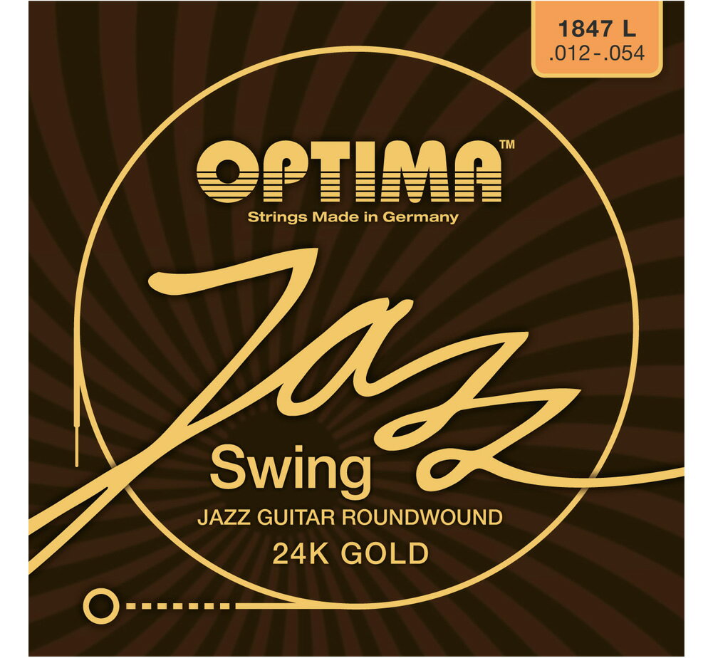 OPTIMA / JAZZ SWING 24K GOLD STRINGS SATZ LIGHT [1847.L] (.012-.054) ジャズギターのために特別に設計されたこの弦は、最上級の鋼材を用いドイツで手作りされています。ボールエンドには伝統的なシルクラップが施されています。 多くの著名なジャズミュージシャンと密接にコンタクトを取り、数十年にわたる開発期間を経てこの弦を完成させました。 Your Jazz Guitar will love these strings! [24K GOLD STRING] 24K純金メッキを施されたOptima Gold Stringsは優れた防錆力を誇り、通常弦(錫メッキ)の3倍以上の長寿命を実現しています。純金メッキの優れた点は他にもあり、それは適切な音量バランスと瑞々しさを弦にあたえることです。また純金メッキはニッケルアレルギーの方や、コーティング弦に不満を感じているプレイヤーの解決策となるかもしれません。 ・品番 : 1847 L ・エレクトリックギター弦 ・Roundwound (ラウンドワウンド) ・24 Karat Gold Plated (純金メッキ加工) ・Handmade in Germany [String Gauges] 1st E .012 2nd B .016 3rd G .024w 4th D .032 5th A .044 6th E .054